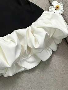 GlowEve CURVE 大尺碼黑白拼色牛奶絲泡泡裙收腰洋裝，優雅雞尾酒洋裝，適合婚禮、宴會、派對，附荷葉邊裙襬與七分袖，小黑裙 - 黑色 - 查看 3