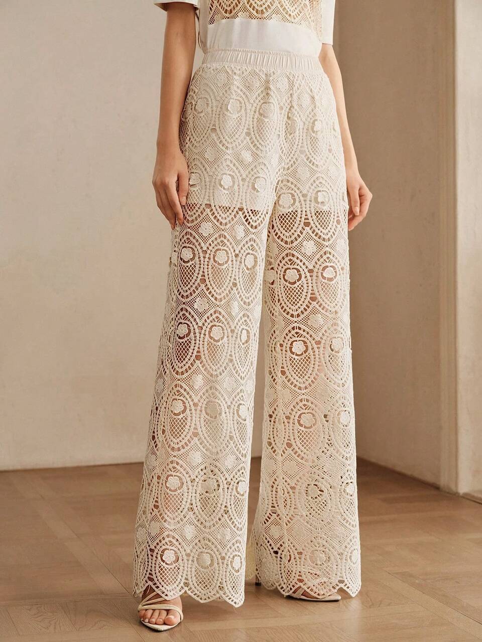 Anewsta Elegant Romantic Hollow Design Beach Vacation Style Long Pants, Vacation Outfits Women, Work Outfits For Women, Yellow