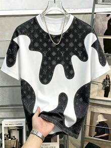 Manfinity Hypemode 美式復古仿丹寧黑白不規則星星與字母花卉印花圓領短袖上衣，奢華做舊仿丹寧襯衫，男女款圖案T恤，夏季休閒度假短袖女裝上衣 - 彩色 - 查看 5