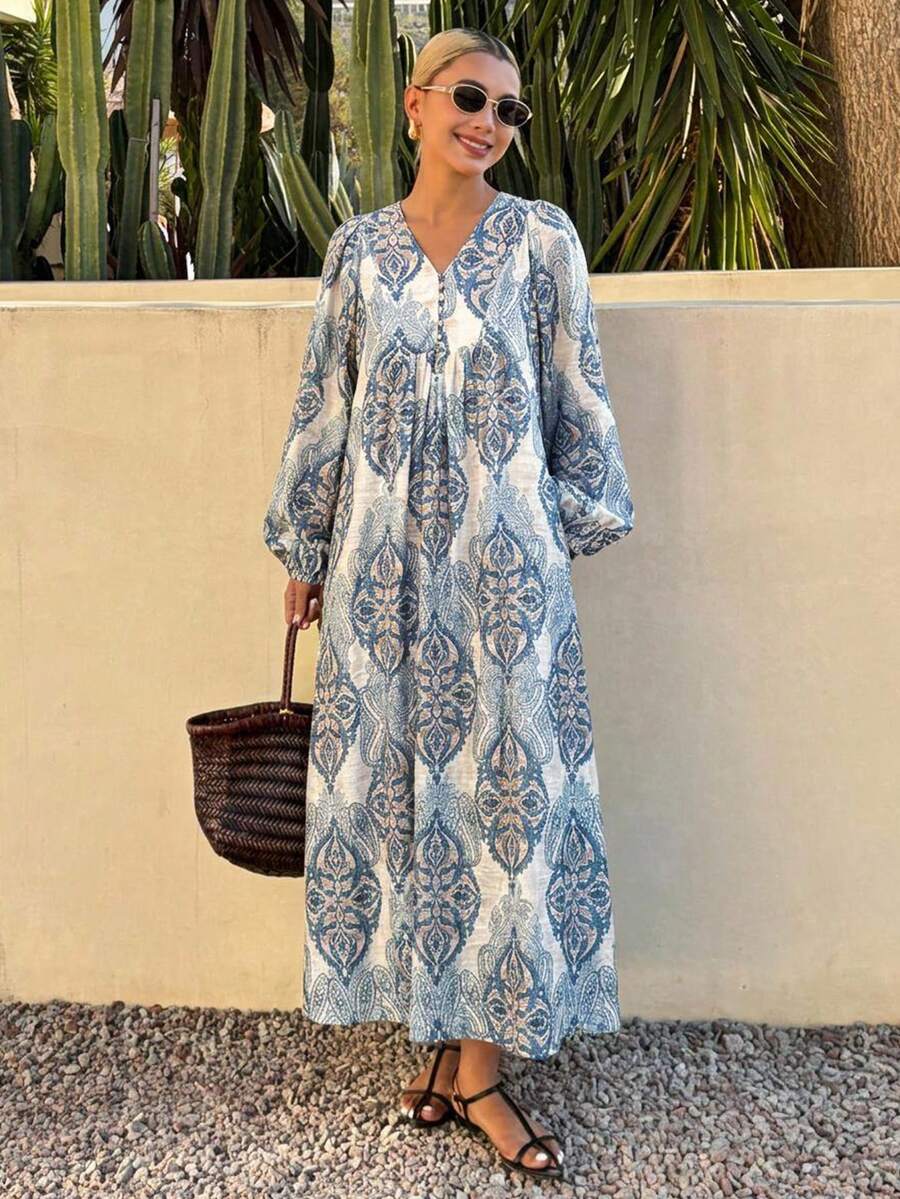 FRIFUL Women's All-Over Print Waist Patchwork Pleated Loose Casual Versatile Spring Long Dress - Blue - View 1