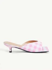CUCCOO CHICEST 女款時尚粉色格紋露趾方跟穆勒鞋 - 格子粉 - 查看 3