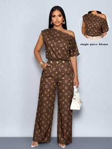 SOLERSUN Women's Summer Vintage Sexy Print Elegant Asymmetrical Neck Sleeveless Metal Button Slim Fit Shirt, One-Shoulder Top, Suitable For Going Out Dates - Brown - View 8