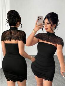 SHEIN Clasi Plus Size Women's Spring Summer Detachable Collar Lace Splicing Stand Collar Slim Dress Suitable For Cocktail Sexy Formal Elegant Black - Black - View 1
