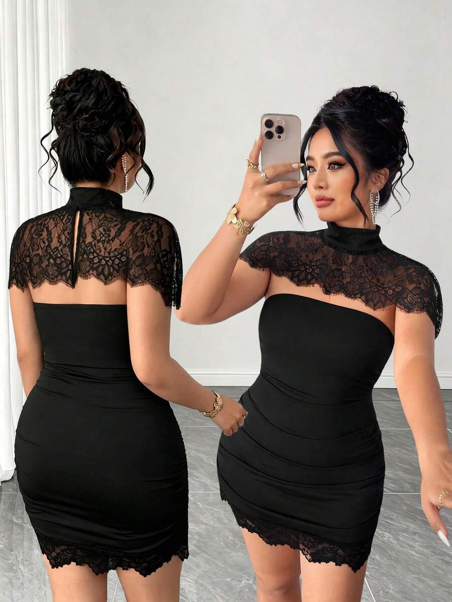 SHEIN Clasi Plus Size Women's Spring Summer Detachable Collar Lace Splicing Stand Collar Slim Dress Suitable For Cocktail Sexy Formal Elegant Black - Black - View 1