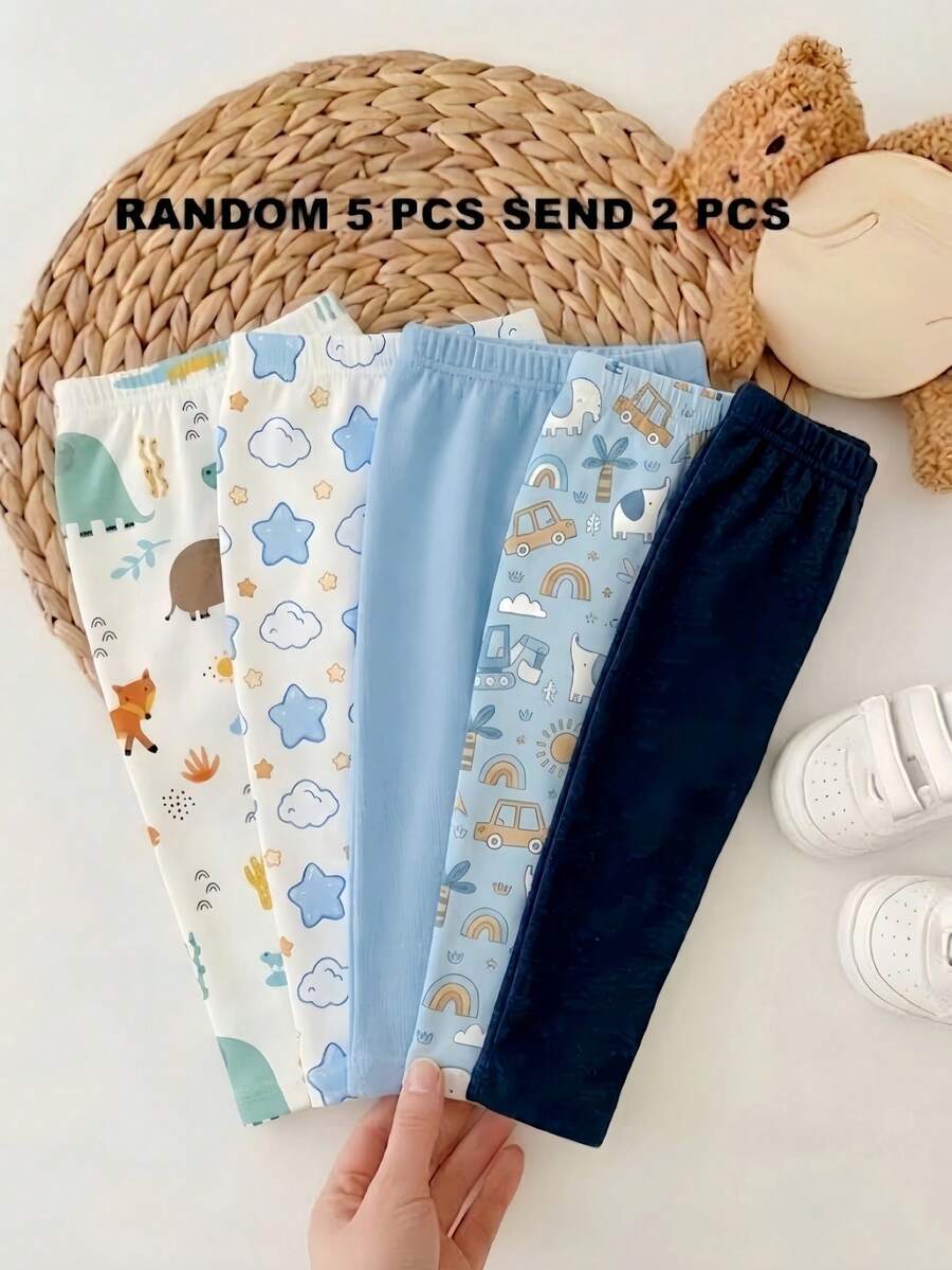 SHEIN Playful Pals 隨機 5 件發 2 件,新款可愛舒適簡約柔軟休閒卡通印花男孩長褲,日常穿著,男孩最愛圖案禮物 - 彩色 - View 1