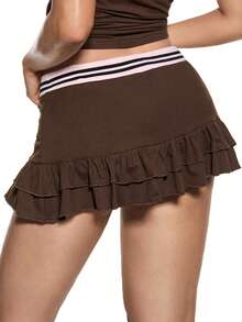 Mean Girls | ROMWE Women's T-Shirt Skirt With Rhinestone Off-Shoulder Meangirls Collaboration Y2K Slim Fit Ribbed Collar Knit Sexy - Mocha Brown - View 6