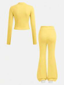 SHEIN Tween女孩休閒純色咖啡棕長袖上衣與喇叭褲2件套 - 黃色 - 查看 3