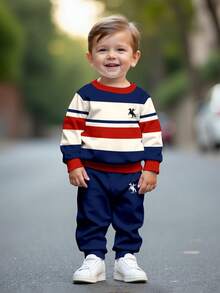 Baby Boy Casual Athletic Minimalist Loose Round Neck Knitted Soft Pullover Set Suitable For Autumn/Winter Classic Retro Striped Pattern Print Navy - Multicolor - View 2