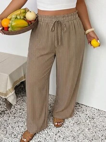 SHEIN Frenchy Plus Size Striped Drawstring Waist Casual Versatile Daily Wear Long Pants Fall - Multicolor - View 1