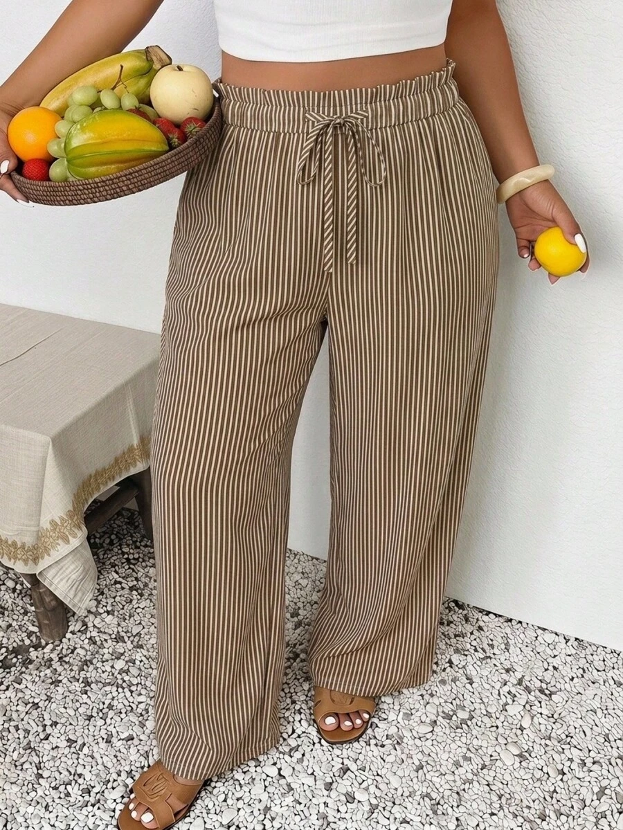 SHEIN Frenchy Plus Size Striped Drawstring Waist Casual Versatile Daily Wear Long Pants Fall - Multicolor - View 1