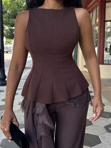 Alexandranx Women's Elegant Sleeveless Blouse For Commuting, Minimalist Design Brown Top Women Summer - Coffee Brown - View 7