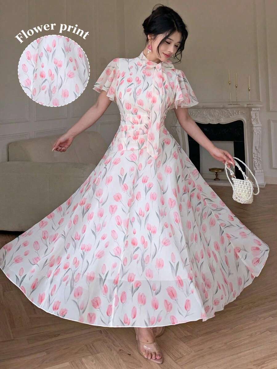 Modelyn 女款綁腰抓皺雪紡花卉印花A字洋裝 - 彩色 - 查看 1