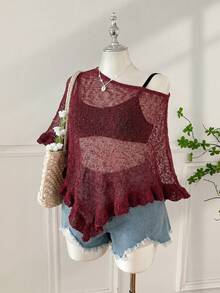 SHEIN EZwear 大码女式绿色荷叶边半透明休闲钩针披肩，适合夏季外出和约会 - 紅色 - 查看 6