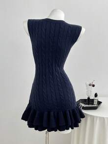 Elamini Minimalist Cute Sweet Women's Autumn Round Neck White Navy Blue Cable Knit Ruffle Hem Sweater Dress Back-To-School Everyday School - Royal Blue - View 3