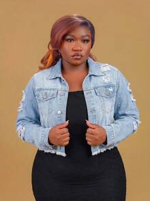 CurvyTilda Plus Size Front Button Frayed Trim Long Sleeve Ripped Denim Jacket Casual - Light Wash - View 6