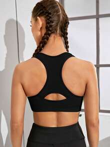Powerista Sujetador deportivo soporte medio de cuello scoop con abertura trasera - Negro - Ver 3
