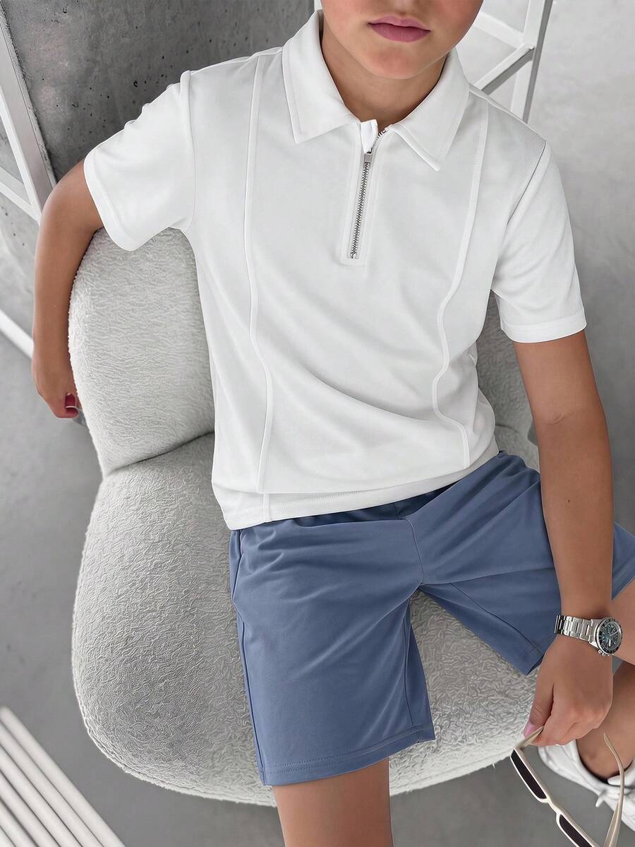 SHEIN Conjunto de 2 piezas/Set para niños preadolescentes, camiseta polo básica casual cómoda de corte holgado & pantalones cortos, de punto unicolor manga corta