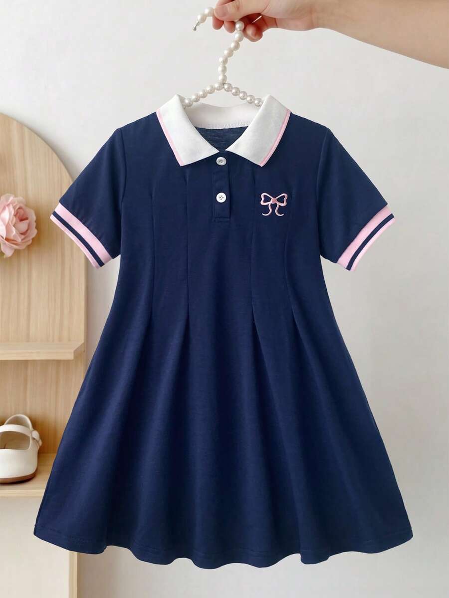 SHEIN Young Girls Navy Blue Dress With Bow Embroidery, Minimalist Pleated Design A-Line Dress Back-To-School Uniform - Navy Blue - View 1