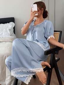 DAZY Women's Contrast Lace Front Tie Top And Pants Pajama Set - Blue - View 4