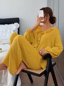 DAZY Women's Fashion Ruffle Long Sleeve Top And Casual Long Pants Pajama Set Fall - Yellow - View 7
