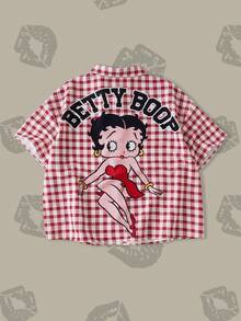 Betty Boop x SHEIN Plus Size Women Plaid Short Sleeve Casual Shirt, - Red and White - View 1