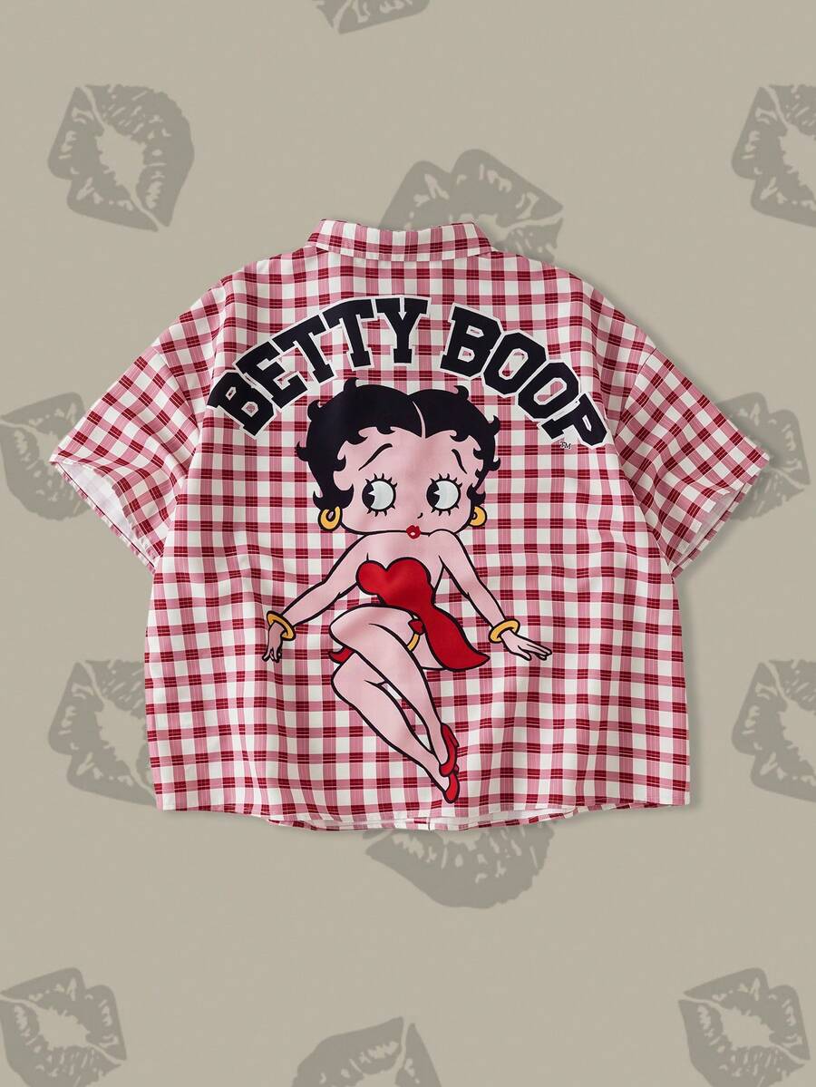 Betty Boop x SHEIN Plus Size Women Plaid Short Sleeve Casual Shirt, - Red and White - View 1