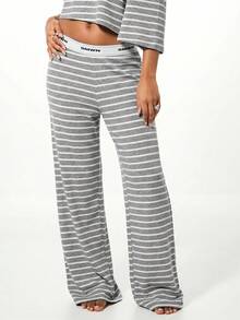 SUMWON WOMEN Striped Wide Leg Lounge Pants For Home Relaxation Comfort Sleep Pajama Bottoms With Elastic Waistband - Light Grey - View 1