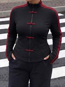 Muchica Plus Size Women's Casual Jacket With Frog Button Design And Zipper Front Black Autumn Fall - Black - View 4
