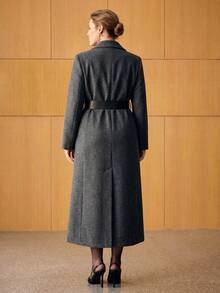 MOTF PREMIUM WOMEN'S PLUS SIZE AUTUMN/WINTER LAPEL CINCHED WAIST WIDE LEATHER BELT SLIMMING OVERCOAT - Dark Grey - View 3