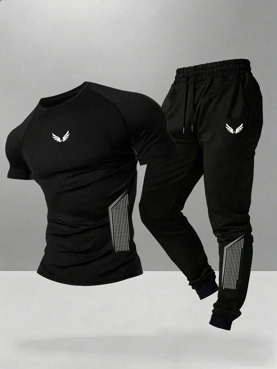 Gym Rark Men's Wing Print T-Shirt And Long Pants Sports Set - Black - View 1
