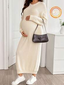 SHEIN Maternity Solid Color Casual Daily Knit Dress Winter - Apricot - View 3