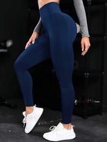 Seamluxe SHEIN Sport Quần bó chạy bộ liền mạch co giãn cao kiểm soát bụng quần legging tập yoga cho nữ - Màu xanh hải quân - Xem 3