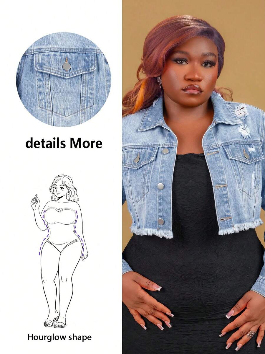 CurvyTilda Plus Size Front Button Frayed Trim Long Sleeve Ripped Denim Jacket Casual - Light Wash - View 1