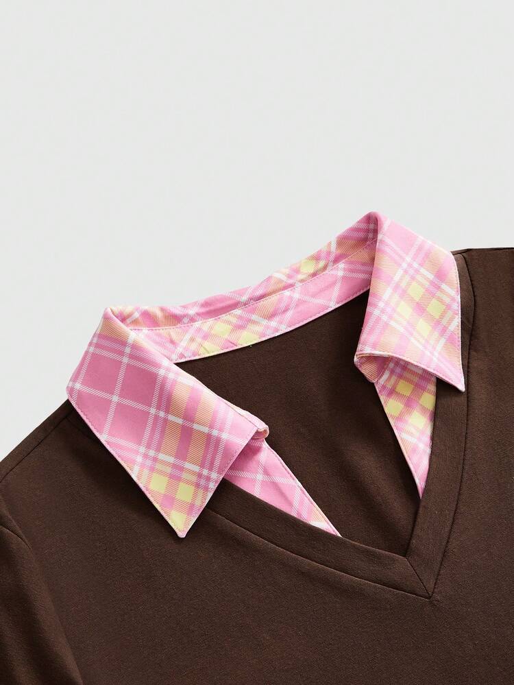 Mean Girls | ROMWE Atasan Kasual Sehari-hari Wanita Ukuran Plus dengan Motif Huruf dan Blok Warna - Coklat - View 3