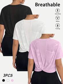 SHEIN Velisys 3pcs Casual Versatile Plus Size Back Mesh Patchwork Twist Knot Design Short Sleeve Sports T-Shirt Set - Multicolor - View 1