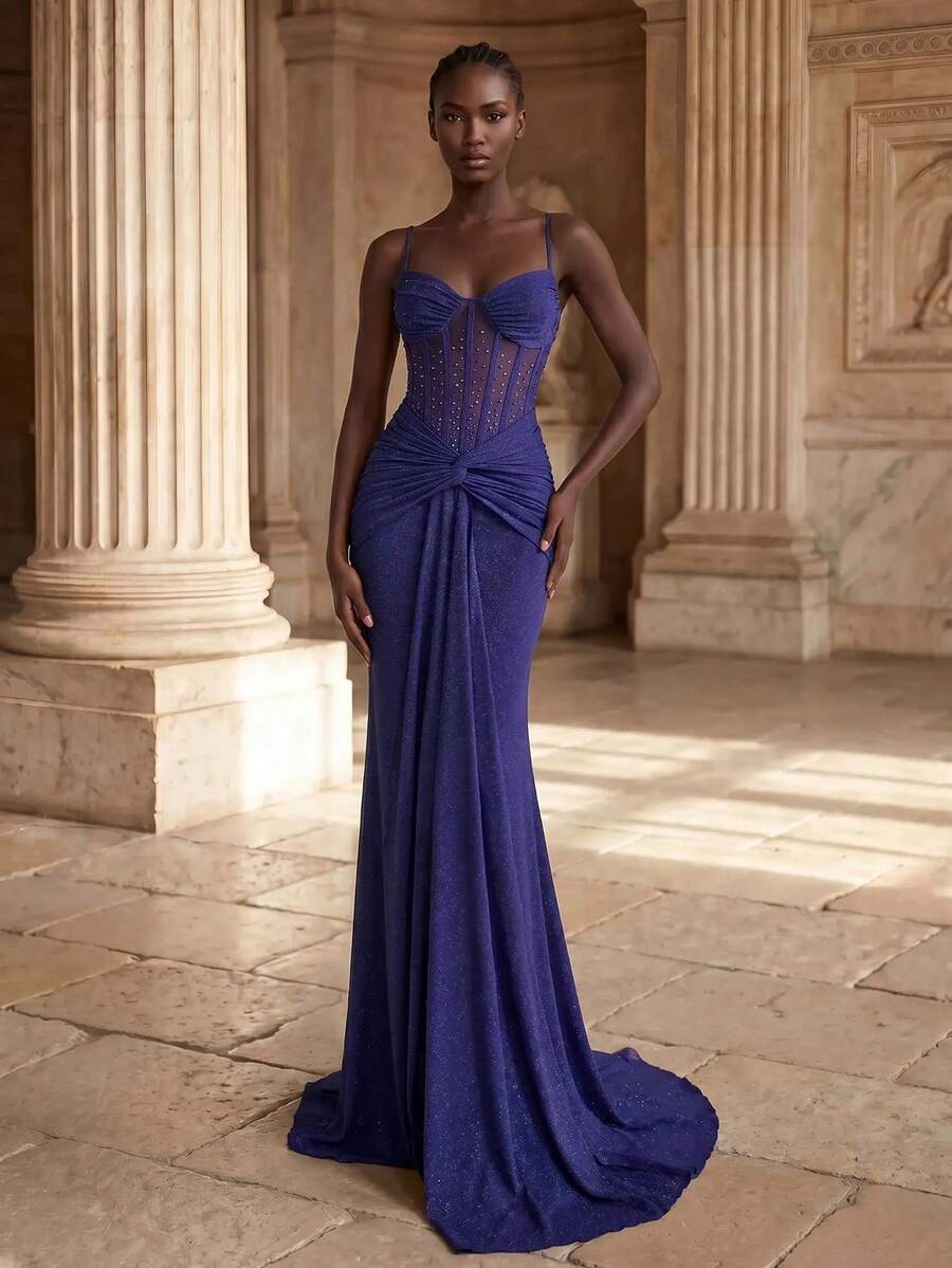 Coutiva Women's Elegant Rhinestone Pleated Ruffle Mermaid Hem Formal Evening Gown - Navy Blue - View 1