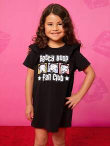 Betty Boop x SHEIN Young Girl Cartoon Figure And Letter Print Ruffle Trim Tee Dress - Black - View 3