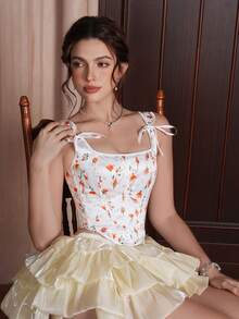 Myrelith 1pc Romantic Floral Print Fishbone Sculpting Corset - Multicolor - View 3