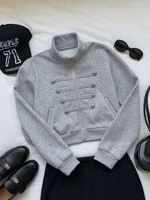 Comfortcana Women's Solid Color Pocket Casual Versatile Daily Long Sleeve Sweatshirt Autumn For Women Back To School Going Out Y2K Top Streetwear - Grey - View 6