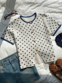 Comfortcana Women's Polka Dot Short Sleeve Single-Breasted Thin Cardigan Sweater Pink Dots Trim Design School Summer Cute - Multicolor - View 7