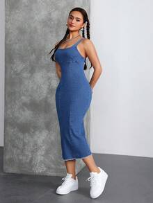 SHEIN Tall 女款方領露肩修身彈性牛仔中長洋裝，適合派對與節日，適合高個女性 - 藍色 - 查看 4