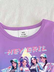 SHEIN 【隨機1套】少女睡衣套裝 新款時尚可愛卡通K-POP女孩圖案印花針織高彈力圓領長袖上衣＋全身印花緊身長褲 2件套 1套（隨機發貨） - 彩色 - 查看 3