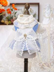 PETSIN 1pc Cat And Dog Universal Clothing, Pearl Lace Collar Princess Style Cat And Dog Dress, Suitable For Pet Birthday Parties, Owner Wedding Matching Outfits, Light Luxury Socialite Style Pet Photos - Blue - View 7