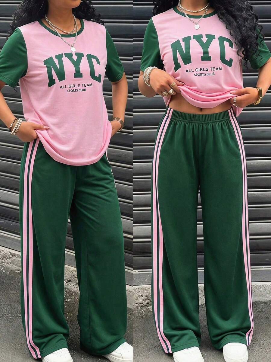 SHEIN 2件組女孩寬鬆休閒對比色領口字母Logo印花短袖T恤與素色織帶對比色寬腿褲套裝,寬鬆版型,適合夏季旅行、度假、上學與戶外穿著 - 彩色 - 查看 1