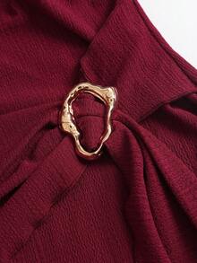 Sweetra Chocolate Bodycon Dress With Off-Shoulder Off-The-Shoulder Neckline, Metal Buckle Decor, Pleated Tie Detail, Sexy Glamorous Vintage Simple Style For Business, Shopping, Dating, Birthday Party, Social Gathering, Commuting, Spring Summer Early Autumn - Burgundy - View 7