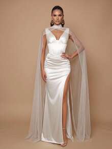 Glamrae White High-Stretch Minimalist Classy Elegant Sexy Bridal Party Wedding Dinner Evening Formal Gown Fishbone Trim Waist-Ruched Fishtail Train - White - View 6