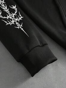 ROMWE MEN Goth 男士哥德式圖案毛絨連帽拉鍊休閒日常長袖衛衣 - 黑色 - 查看 4