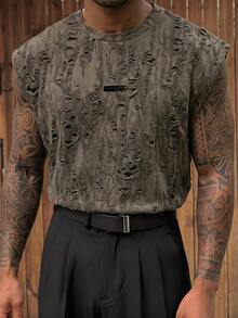 CalleClaro Camiseta de tirantes casual con diseño desgastado de cuello redondo para hombre - Gris - Ver 1