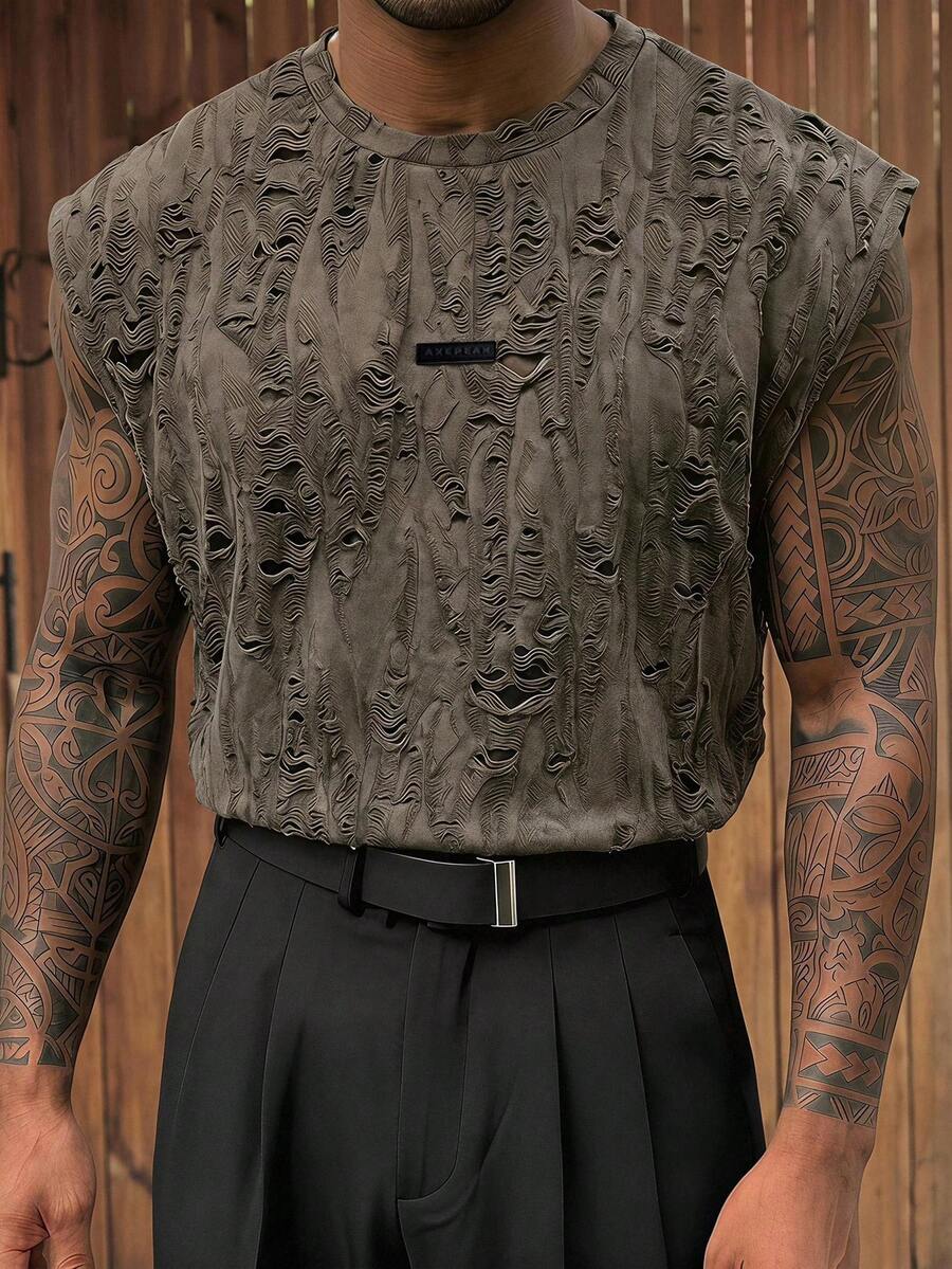 CalleClaro Camiseta de tirantes casual con diseño desgastado de cuello redondo para hombre - Gris - Ver 1