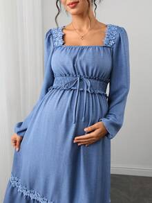 Momance Women's New French Design Ruffle Square Neck Patchwork Elegant Maternity Long Sleeve Dress Autumn Photoshoot Baby Blue - Blue - View 8